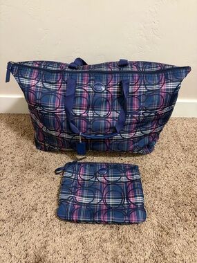 Coach Navy Blue & Pink Plaid Travel Weekender Tote with Matching Pouch, Packable